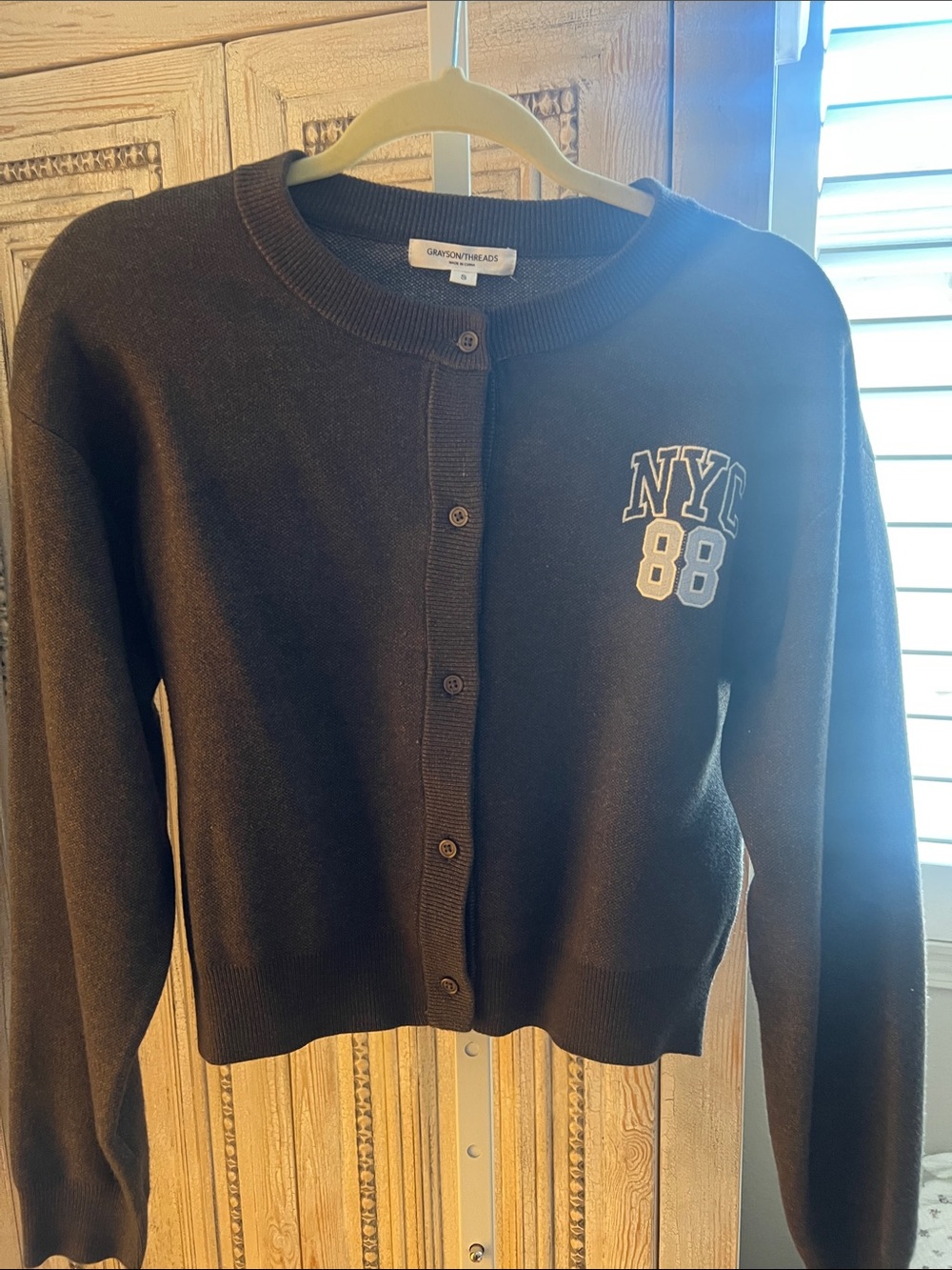 Grayson Threads Dark Greyish brown Cardigan Sweater with NYC 88 Patch